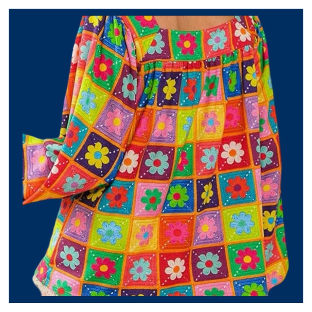 NET!Lemon Love Slightly Stretchy, Size XL, Multi Color Flowers Swing Top Sq Neck - Picture 3 of 11